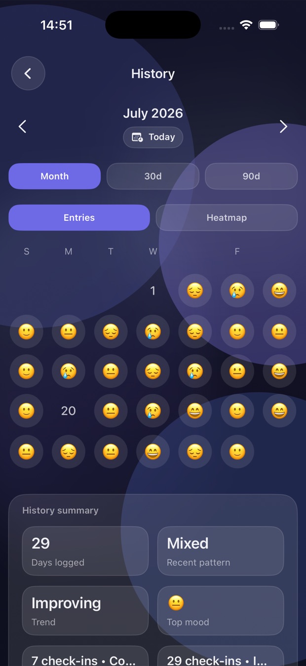 Pausar history screen showing a month of logged mood on the calendar