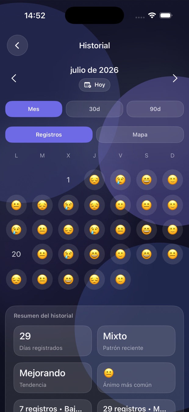Pantalla de historial de Pausar mostrando un mes de ánimo registrado en el calendario